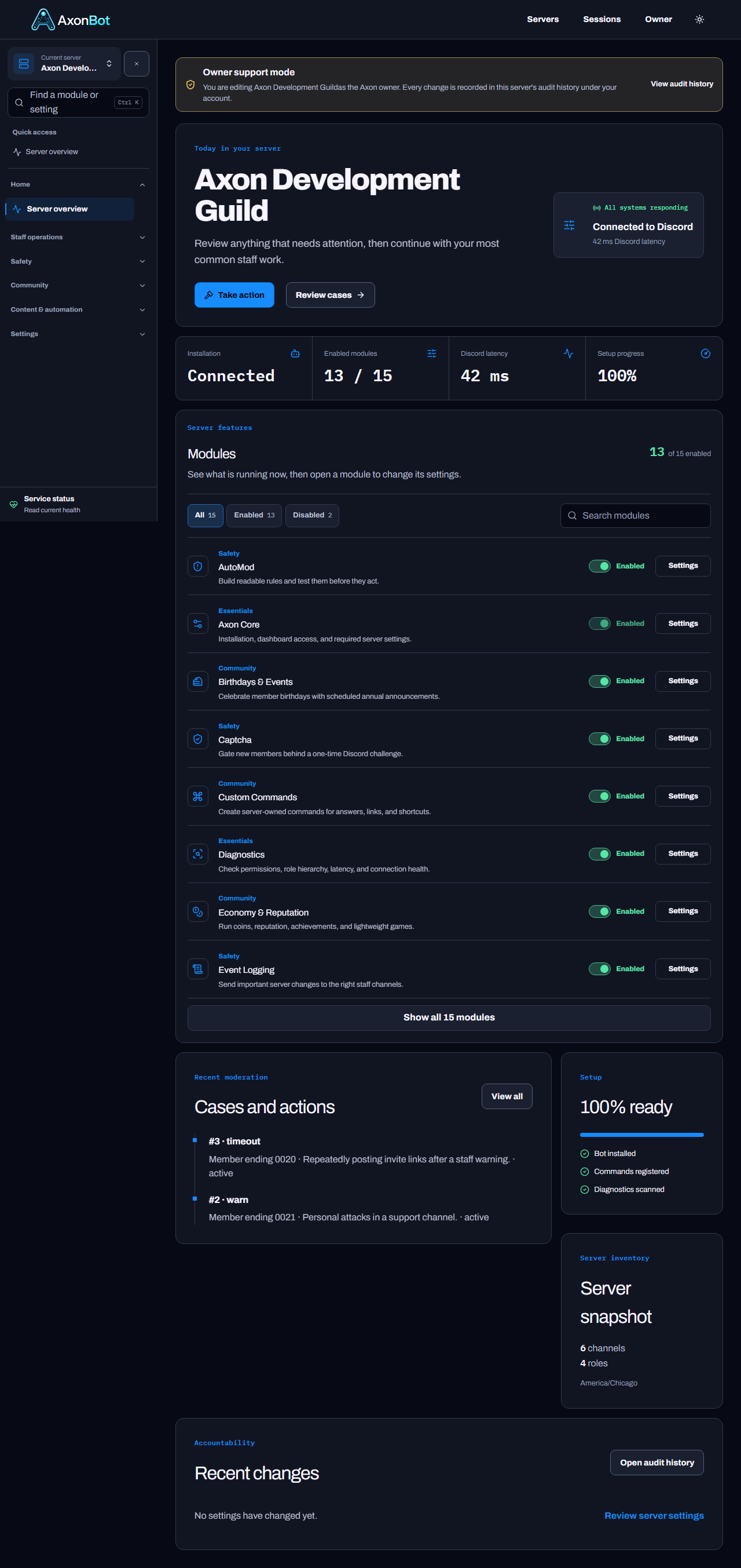Axon dashboard fixture showing server health, modules, and moderation cases