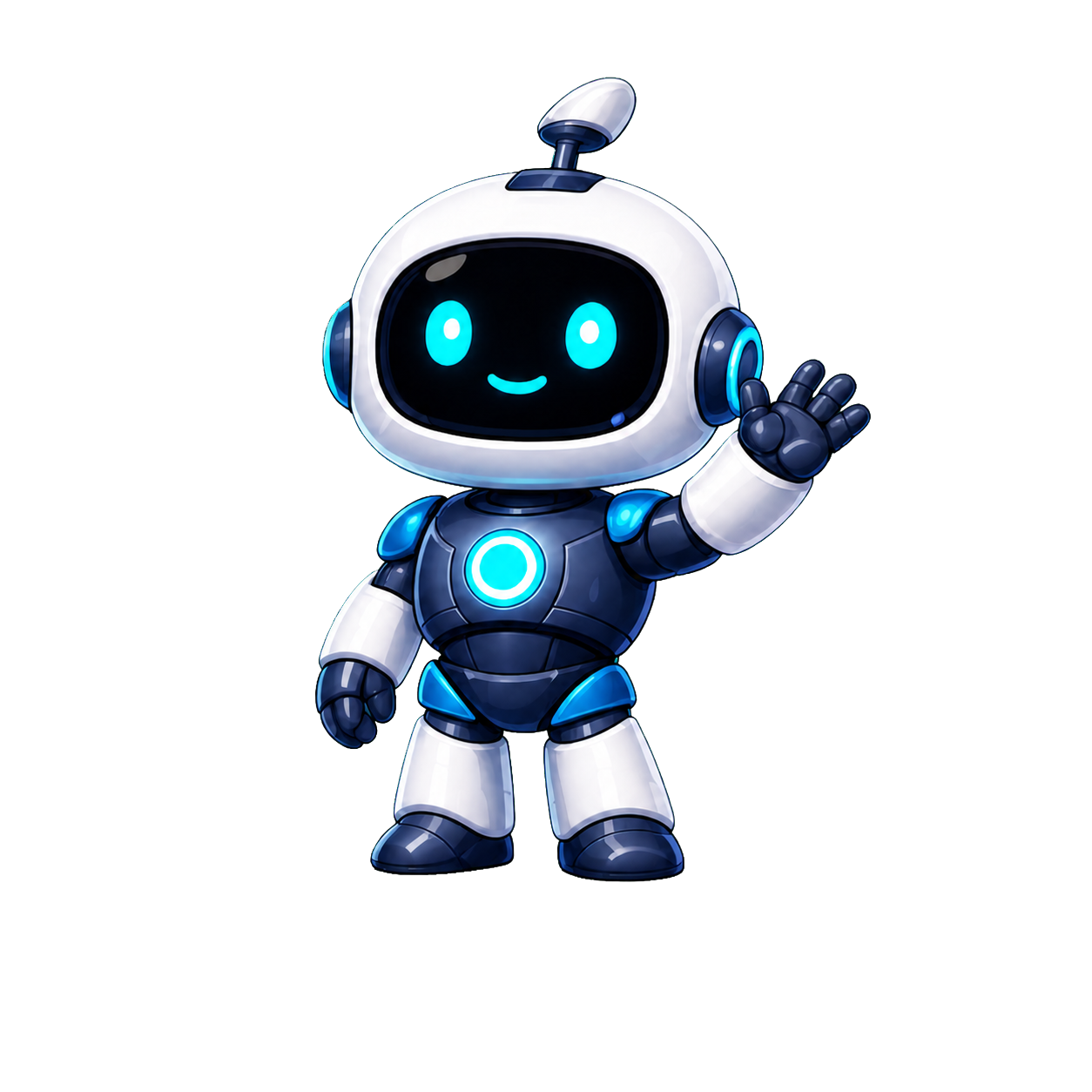 Axon, a small white and navy robot, waving